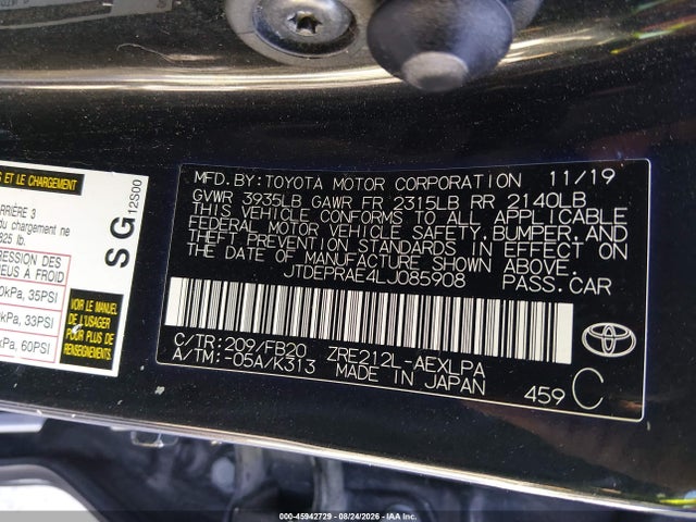 2020 Toyota Corolla Le მანქანა იყიდება აუქციონზე, vin: JTDEPRAE4LJ085908, აუქციონის ნომერი: 45942729