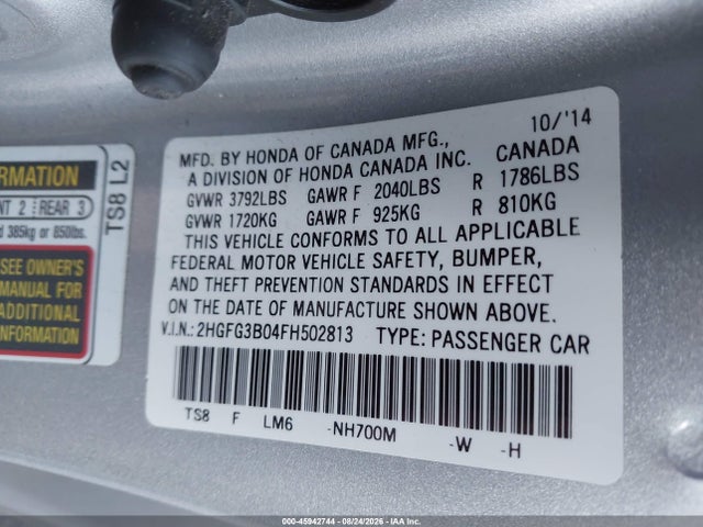 2015 Honda Civic Ex-l მანქანა იყიდება აუქციონზე, vin: 2HGFG3B04FH502813, აუქციონის ნომერი: 45942744