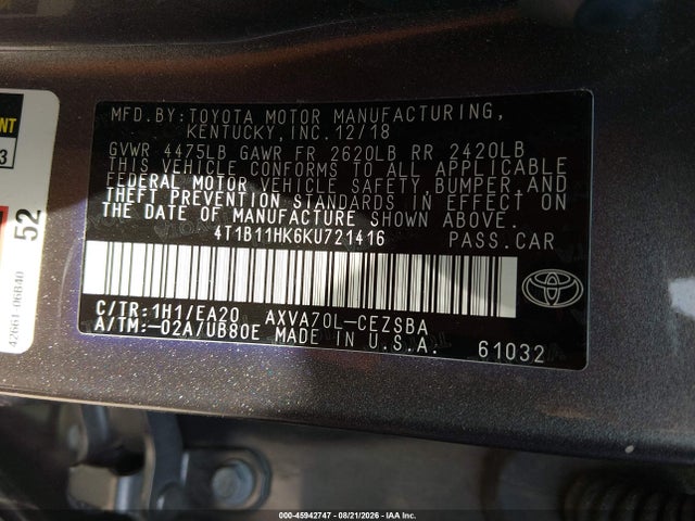 45942747 :رقم المزاد ، 4T1B11HK6KU721416 vin ، 2019 Toyota Camry Se مزاد بيع