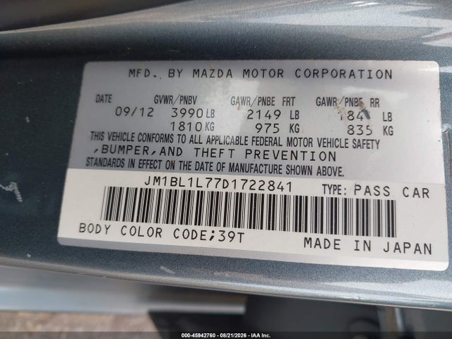 45942760 :رقم المزاد ، JM1BL1L77D1722841 vin ، 2013 Mazda Mazda3 I Touring مزاد بيع