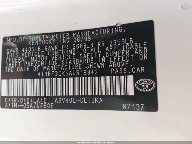 2010 Toyota Camry Xle მანქანა იყიდება აუქციონზე, vin: 4T1BF3EK5AU518842, აუქციონის ნომერი: 45942765