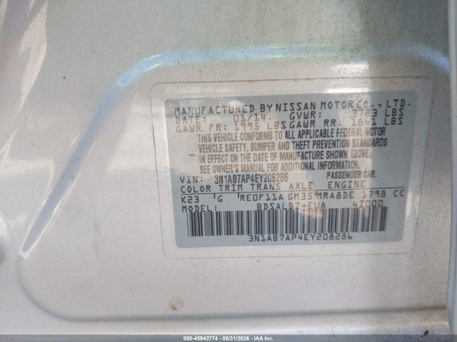 Продажа на аукционе авто 2014 Nissan Sentra Sv, vin: 3N1AB7AP4EY208286, номер лота: 45942774