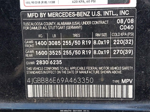 Aukcja sprzedaży 2009 Mercedes-benz Ml 350 4matic, vin: 4JGBB86E69A463350, numer aukcji: 45942793