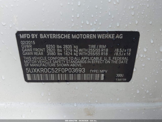 Aukcja sprzedaży 2015 Bmw X5 Xdrive35i, vin: 5UXKR0C52F0P03693, numer aukcji: 45942796