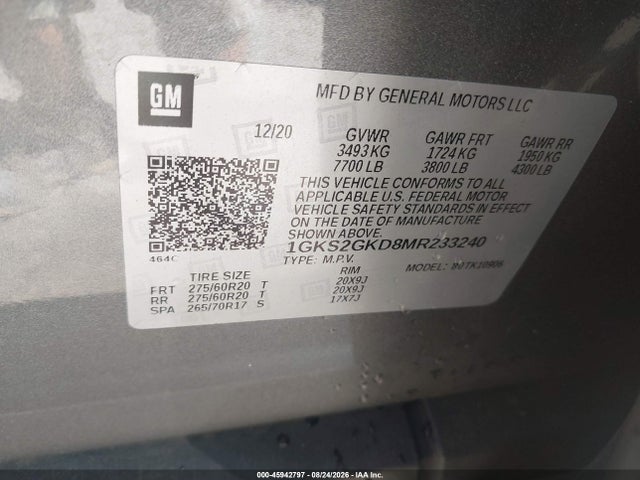 2021 Gmc Yukon Xl 4wd Slt მანქანა იყიდება აუქციონზე, vin: 1GKS2GKD8MR233240, აუქციონის ნომერი: 45942797