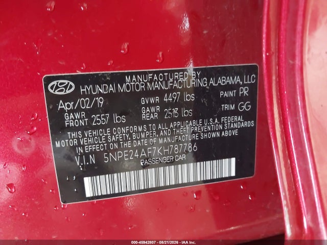 5NPE24AF7KH787786 Hyundai SONATA SE