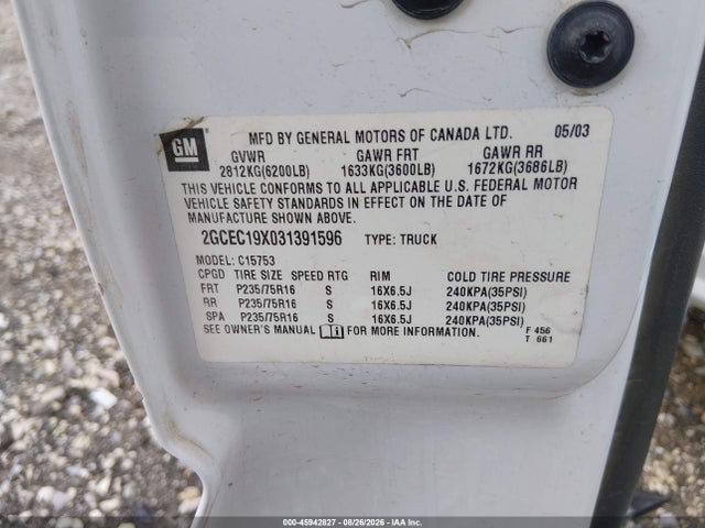 45942827 :رقم المزاد ، 2GCEC19X031391596 vin ، 2003 Chevrolet Silverado 1500 Ls مزاد بيع