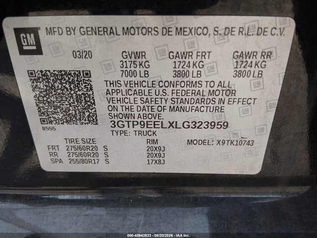3GTP9EELXLG323959 GMC Sierra 1500 4wd Standard Box At4