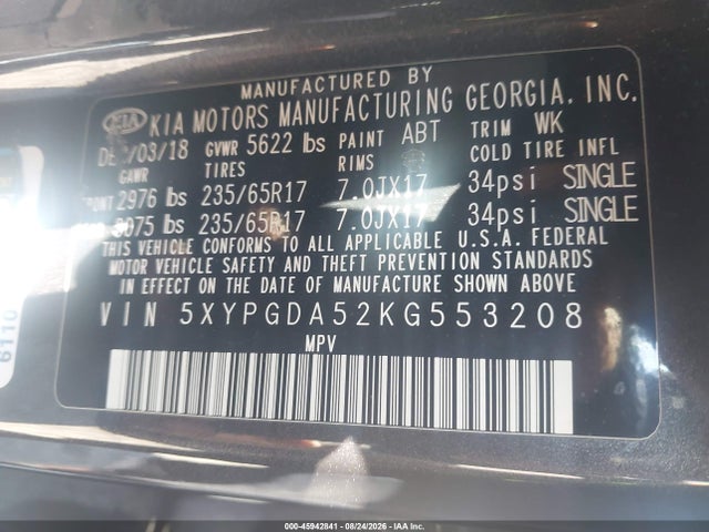 45942841 :رقم المزاد ، 5XYPGDA52KG553208 vin ، 2019 Kia Sorento 3.3l Lx مزاد بيع