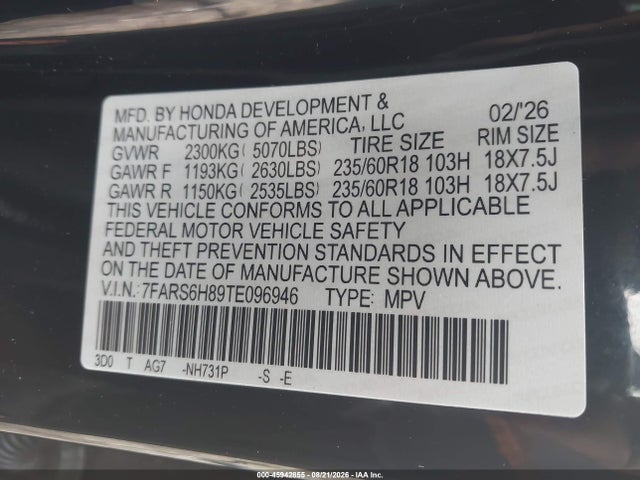 Продаж на аукціоні авто 2026 Honda Cr-v Hybrid Awd Sport-l, vin: 7FARS6H89TE096946, номер лоту: 45942855