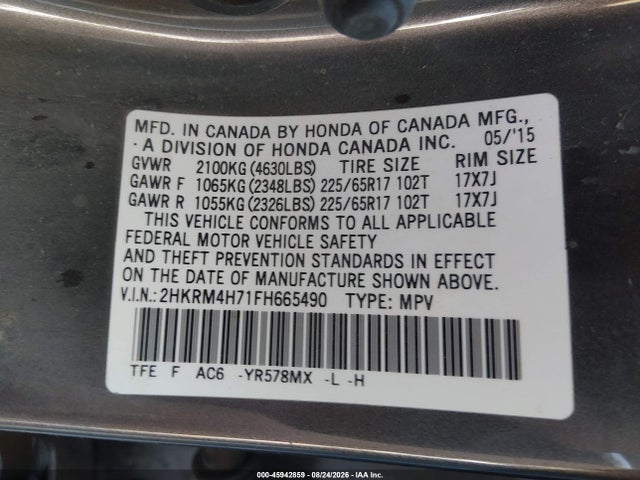 Продаж на аукціоні авто 2015 Honda Cr-v Ex-l, vin: 2HKRM4H71FH665490, номер лоту: 45942859