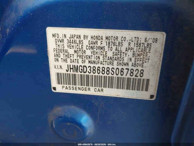 45942876 :رقم المزاد ، JHMGD38688S067828 vin ، 2008 Honda Fit Sport مزاد بيع