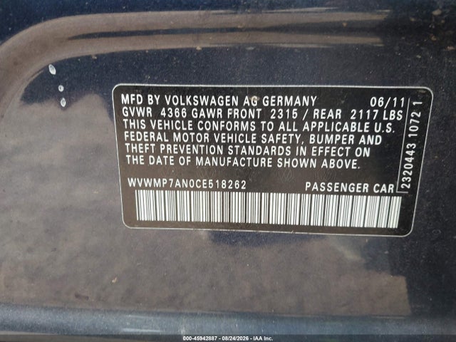 2012 Volkswagen Cc Sport მანქანა იყიდება აუქციონზე, vin: WVWMP7AN0CE518262, აუქციონის ნომერი: 45942887