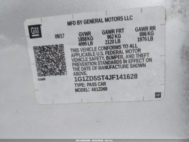 45942896 :رقم المزاد ، 1G1ZD5ST4JF141628 vin ، 2018 Chevrolet Malibu Lt مزاد بيع