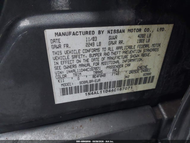 Продаж на аукціоні авто 2004 Nissan Altima 2.5 S, vin: 1N4AL11D44C167071, номер лоту: 45942899