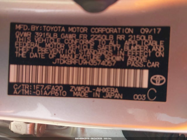 Продажа на аукционе авто 2017 Toyota Prius Two, vin: JTDKBRFU9H3574057, номер лота: 45942910