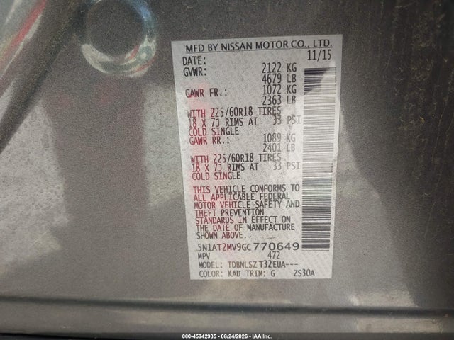 45942935 :رقم المزاد ، 5N1AT2MV9GC770649 vin ، 2016 Nissan Rogue Sl مزاد بيع