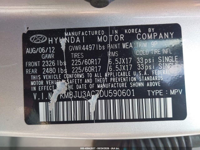 Продажа на аукционе авто 2013 Hyundai Tucson Gls, vin: KM8JU3AC7DU590601, номер лота: 45942937
