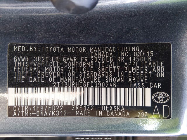 45942954 :رقم المزاد ، 2T1BURHE6FC390246 vin ، 2015 Toyota Corolla S Plus مزاد بيع