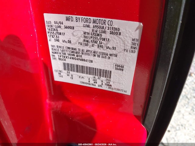 2004 Ford F-150 Stx/xl/xlt მანქანა იყიდება აუქციონზე, vin: 1FTRX14W04NB84128, აუქციონის ნომერი: 45942961