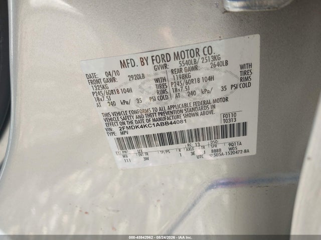 45942962 :رقم المزاد ، 2FMDK4KC1ABB44081 vin ، 2010 Ford Edge Limited مزاد بيع