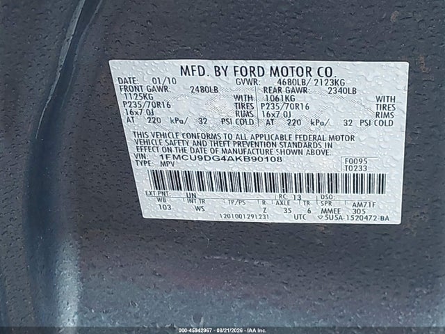 Продаж на аукціоні авто 2010 Ford Escape Xlt, vin: 1FMCU9DG4AKB90108, номер лоту: 45942967