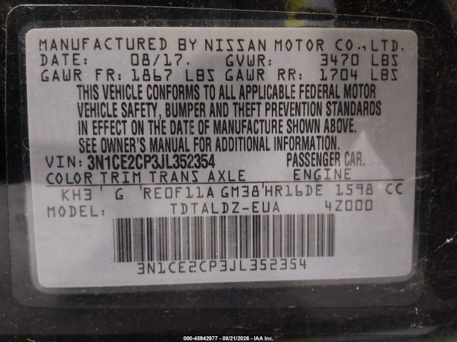 Auction sale of the 2018 Nissan Versa Note Sv, vin: 3N1CE2CP3JL352354, lot number: 45942977