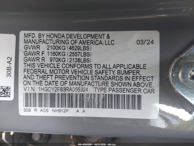 Aukcja sprzedaży 2024 Honda Accord Hybrid Touring, vin: 1HGCY2F83RA055324, numer aukcji: 45942991
