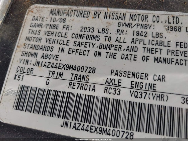 Aukcja sprzedaży 2009 Nissan 370z Touring, vin: JN1AZ44EX9M400728, numer aukcji: 45942993