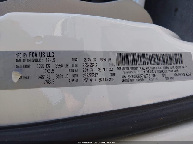 45942999 :رقم المزاد ، 2C4RDGBG6KR781372 vin ، 2019 Dodge Grand Caravan Se مزاد بيع