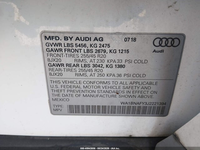 45943006 :رقم المزاد ، WA1BNAFY3J2221394 vin ، 2018 Audi Q5 2.0t Premium/2.0t Tech Premium مزاد بيع