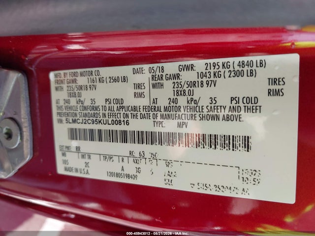 Продажа на аукционе авто 2019 Lincoln Mkc Select, vin: 5LMCJ2C95KUL00816, номер лота: 45943012