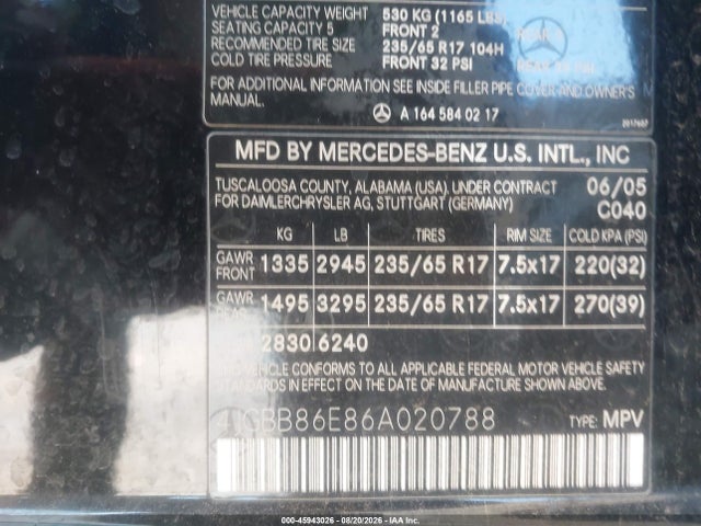 Продаж на аукціоні авто 2006 Mercedes-benz Ml 350 4matic, vin: 4JGBB86E86A020788, номер лоту: 45943026