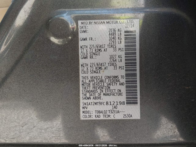 45943036 :رقم المزاد ، 5N1AT2MT9FC812198 vin ، 2015 Nissan Rogue Sv مزاد بيع