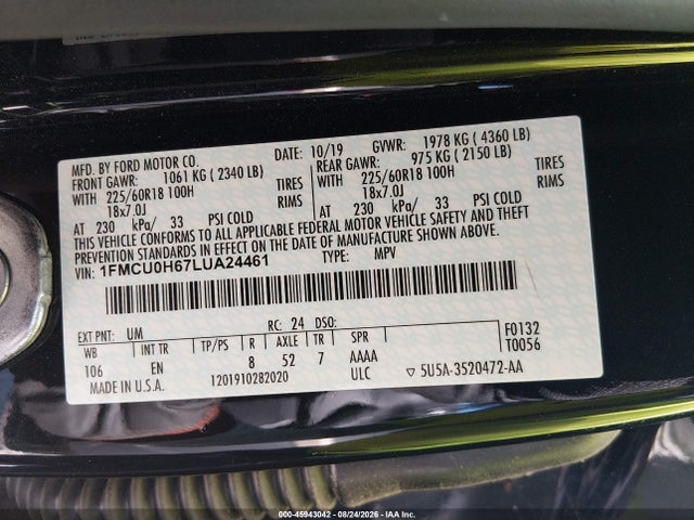 2020 Ford Escape Sel მანქანა იყიდება აუქციონზე, vin: 1FMCU0H67LUA24461, აუქციონის ნომერი: 45943042