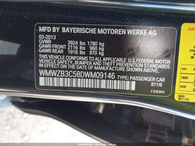 45943043 :رقم المزاد ، WMWZB3C58DWM09146 vin ، 2013 Mini Countryman Cooper مزاد بيع