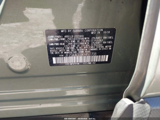 Aukcja sprzedaży 2019 Subaru Forester, vin: JF2SKACC0KH451708, numer aukcji: 45943051
