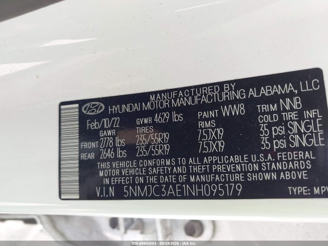 Aukcja sprzedaży 2022 Hyundai Tucson Sel, vin: 5NMJC3AE1NH095179, numer aukcji: 45943063
