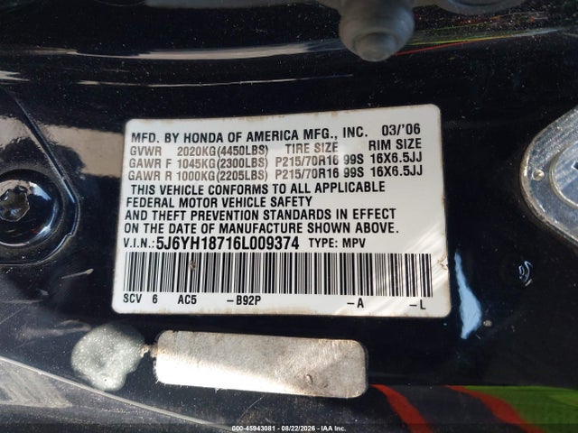 Aukcja sprzedaży 2006 Honda Element Ex-p, vin: 5J6YH18716L009374, numer aukcji: 45943081