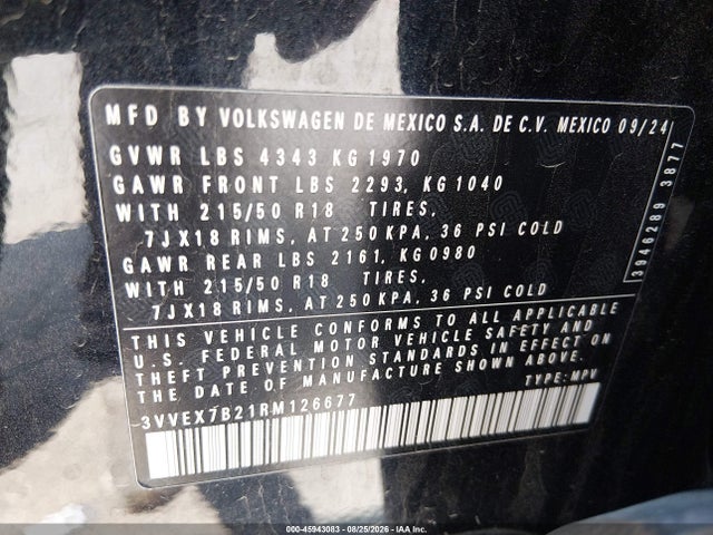 2024 Volkswagen Taos 1.5t Se მანქანა იყიდება აუქციონზე, vin: 3VVEX7B21RM126677, აუქციონის ნომერი: 45943083