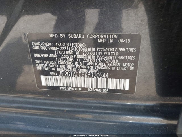Продажа на аукционе авто 2019 Subaru Crosstrek 2.0i Premium, vin: JF2GTACC6K8320544, номер лота: 45943085