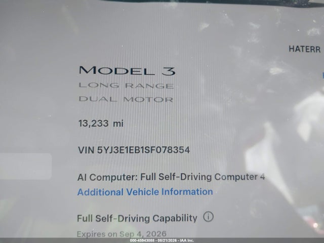 5YJ3E1EB1SF078354 Tesla Model 3 Long Range All-wheel Drive
