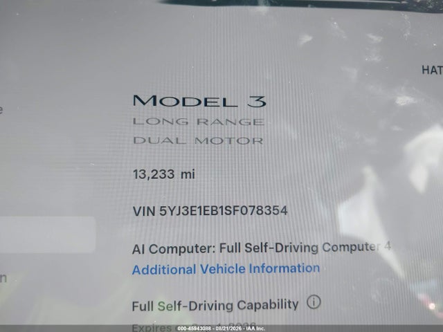 5YJ3E1EB1SF078354 Tesla Model 3 Long Range All-wheel Drive