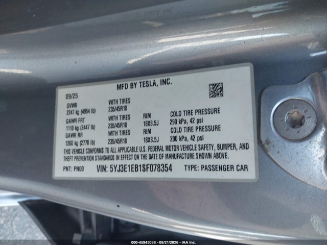 5YJ3E1EB1SF078354 Tesla Model 3 Long Range All-wheel Drive