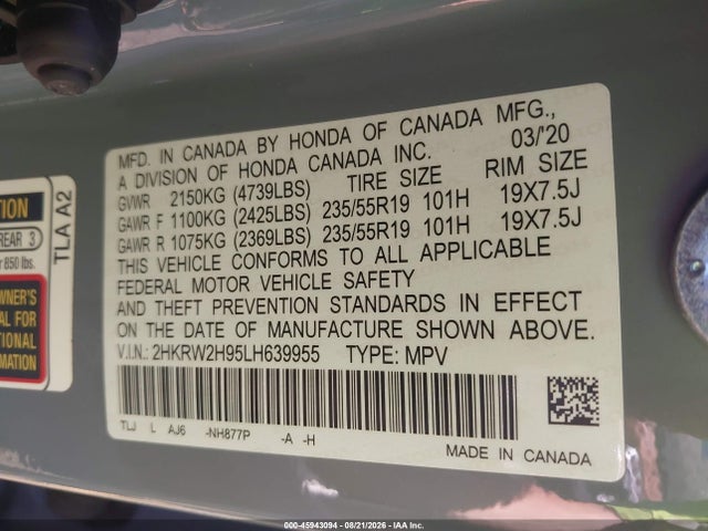 45943094 :رقم المزاد ، 2HKRW2H95LH639955 vin ، 2020 Honda Cr-v Awd Touring مزاد بيع