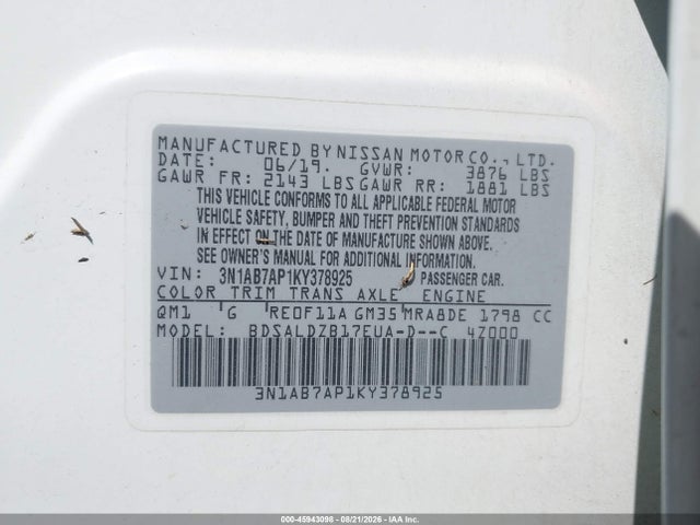 Продажа на аукционе авто 2019 Nissan Sentra Sv, vin: 3N1AB7AP1KY378925, номер лота: 45943098