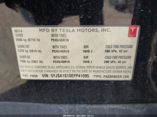 Продаж на аукціоні авто 2014 Tesla Model S, vin: 5YJSA1S10EFP41095, номер лоту: 45943103