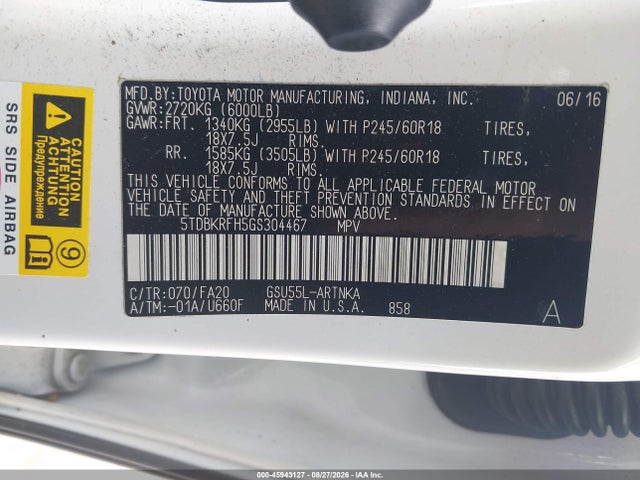 Toyota Highlander Le Plus V6 2016 5TDBKRFH5GS304467 Image 9