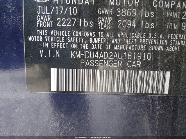 Продаж на аукціоні авто 2010 Hyundai Elantra Gls, vin: KMHDU4AD2AU161910, номер лоту: 45943131