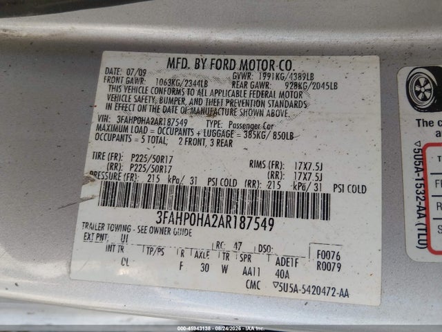 Продажа на аукционе авто 2010 Ford Fusion Se, vin: 3FAHP0HA2AR187549, номер лота: 45943138